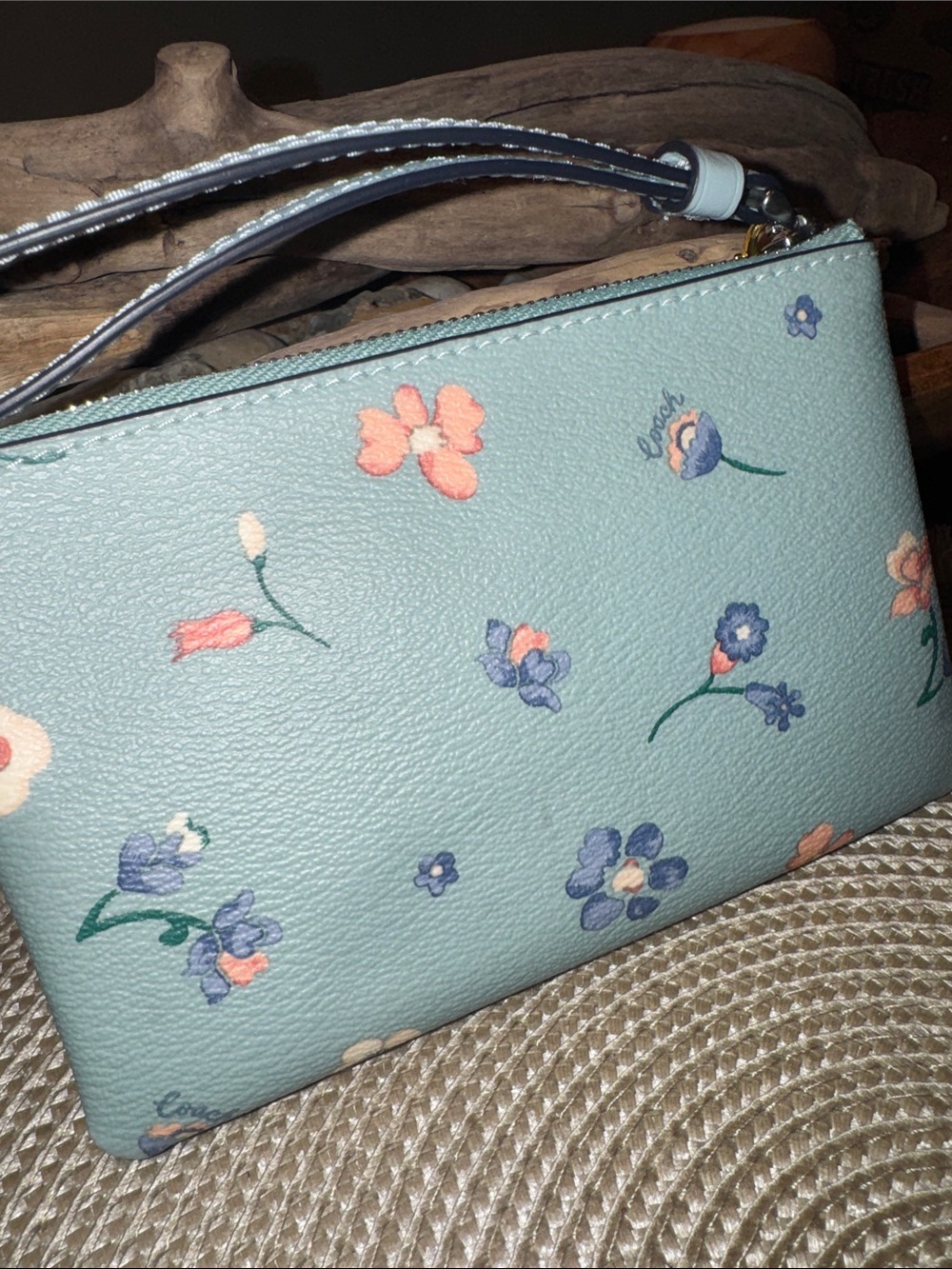 COACH Mint Floral Leather Wristlet with Charm - Picture 3 of 7